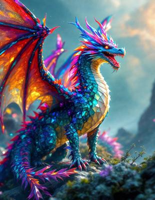 The primary subject of the image is a colorful, rainbow-colored dragon. The dragon is standing on a rocky surface, with a mountain in the background. The visual style of the image is digital art, as it appears to be a computer-generated or digitally painted image. The dominant colors in the image are the vibrant hues of the dragon, creating a lively and energetic atmosphere.